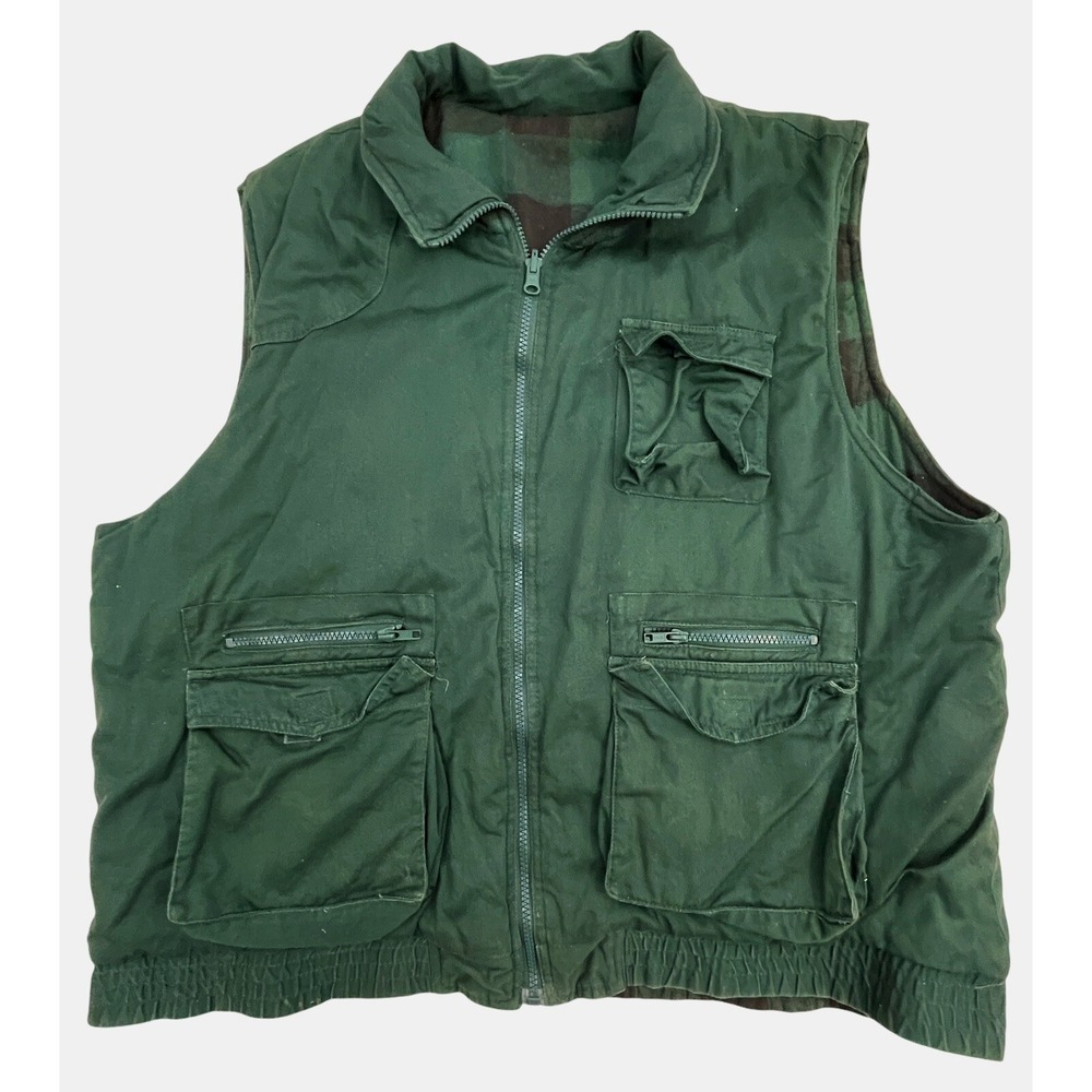 Unbranded Mens XL Reversible Green Plaid/Solid Vest with Pockets